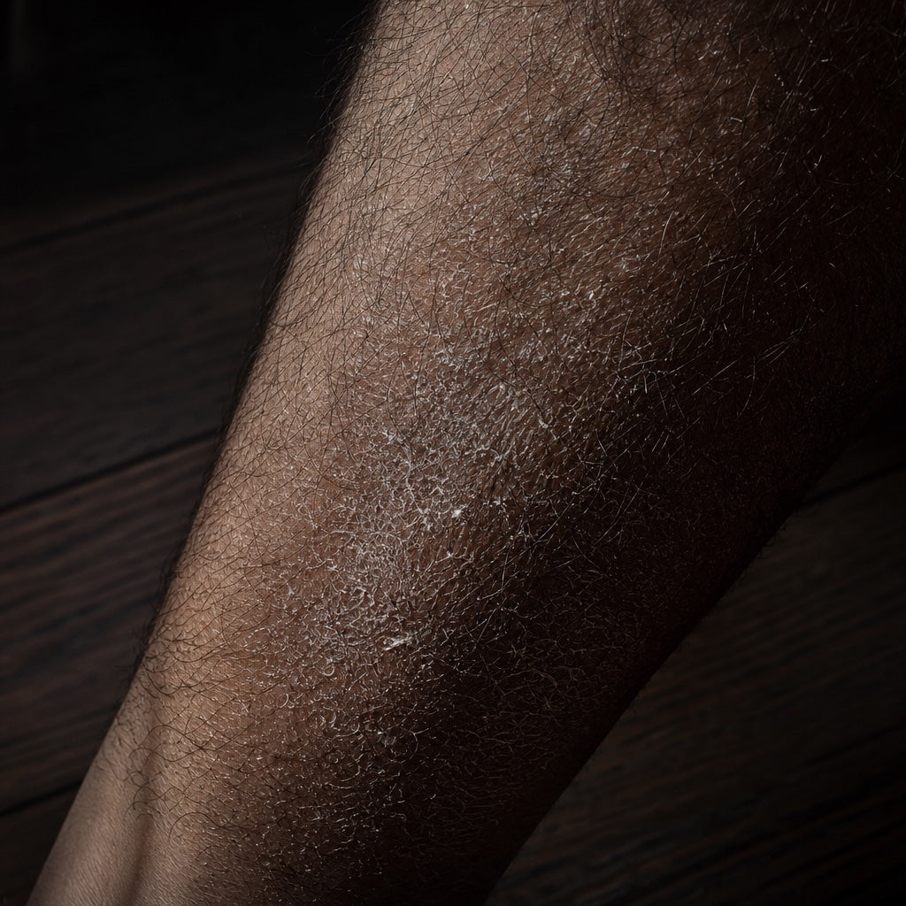 Dry, flaking skin on a man's lower leg