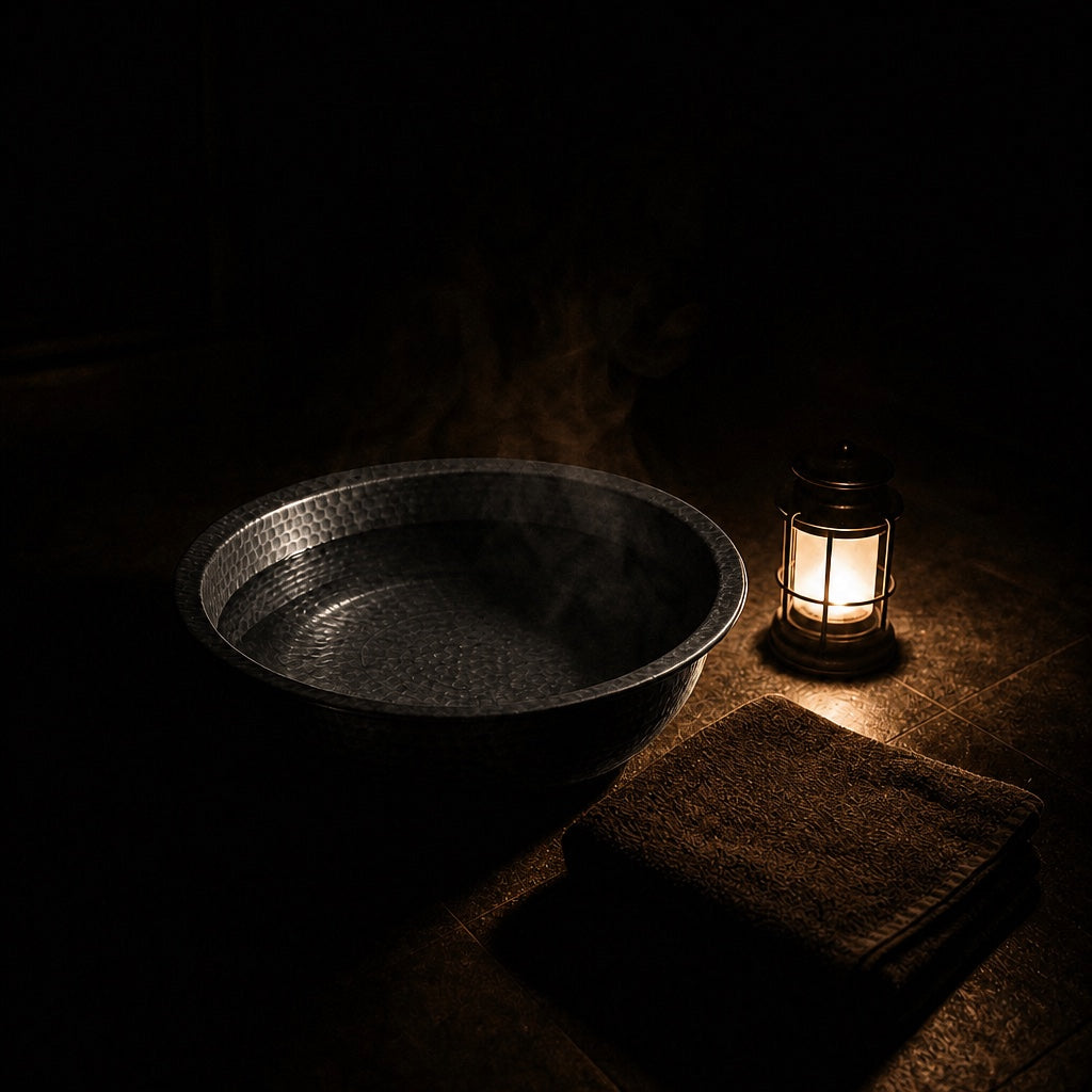 Dark metal basin by lamp light at night