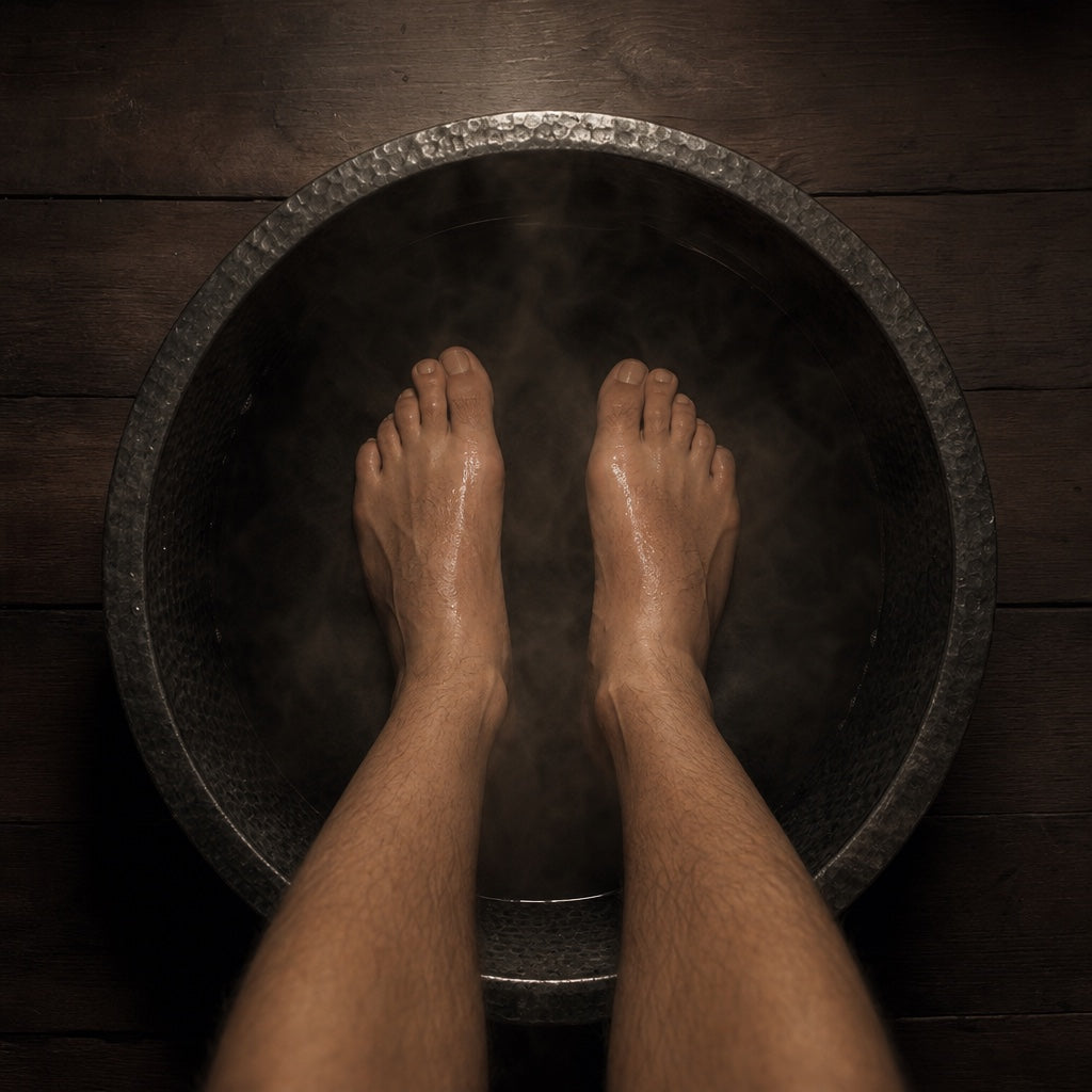 Overhead view of bare feet soaking in a dark metal basin, steam rising in warm low light