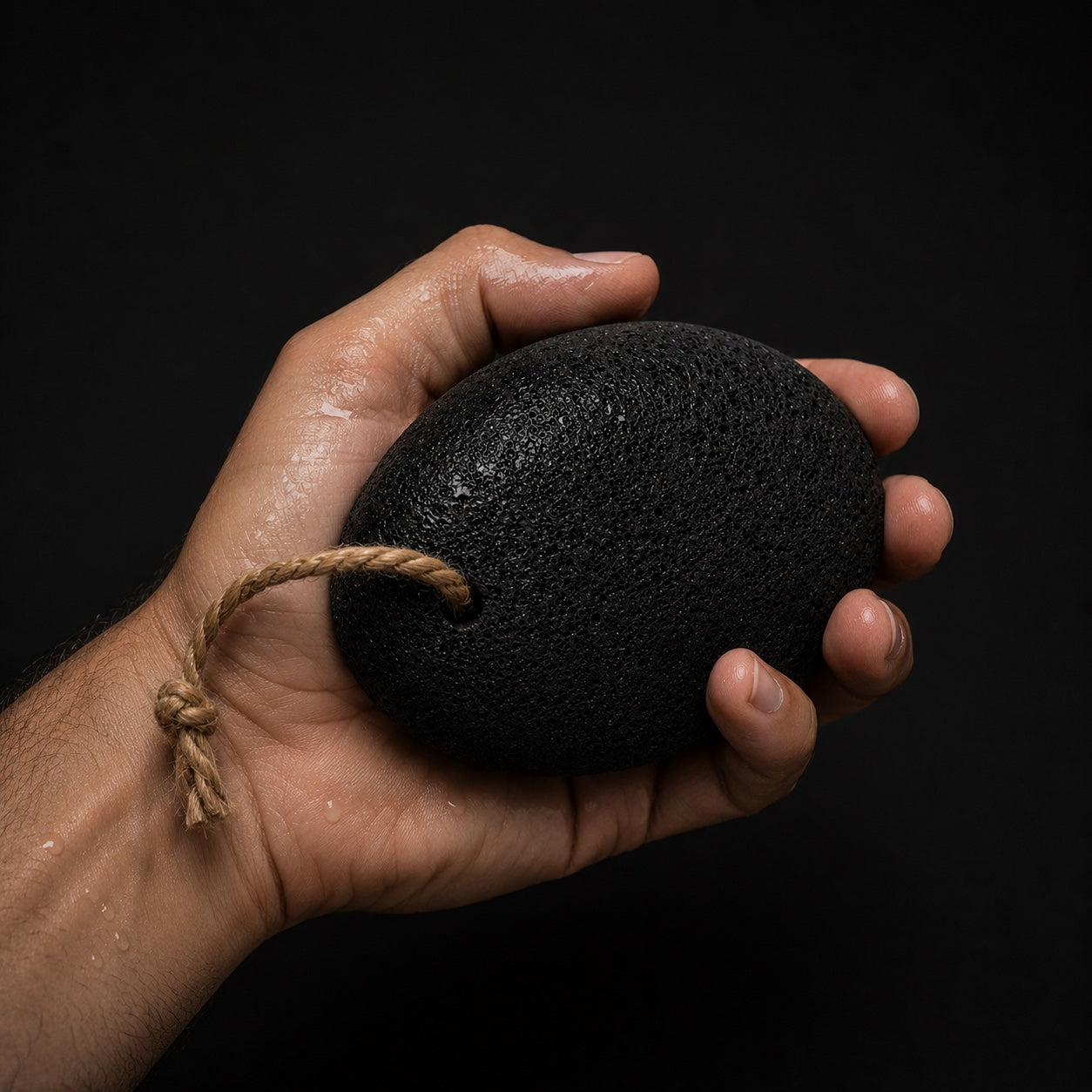 A wet hand holding the Jhama volcanic foot stone by its rope