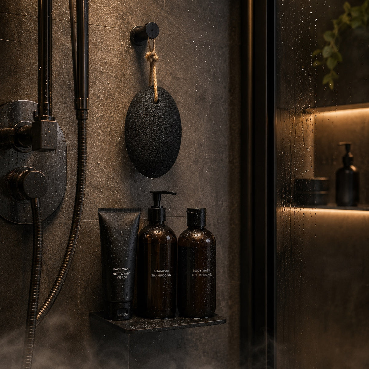 The Jhama volcanic foot stone hanging by its rope in a dark shower