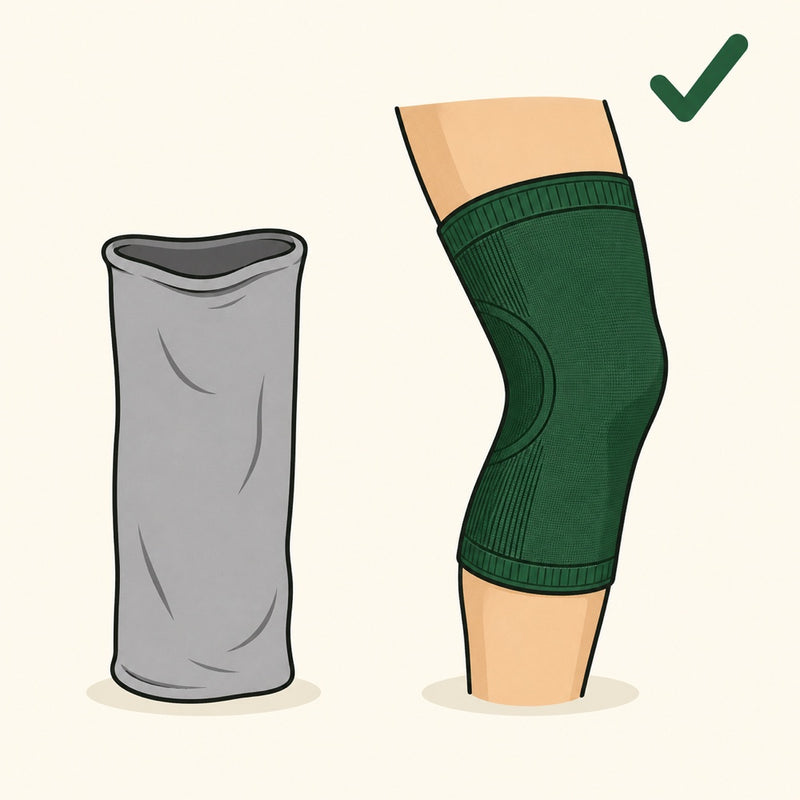 Illustration comparing a flat grey tube sleeve with a green sleeve shaped to the curve of a bent leg.