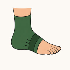 Illustration of a green toeless foot sleeve with a darker band across the arch and three short ticks beside it.