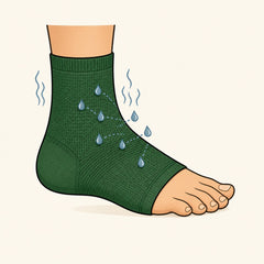 Illustration of a green foot sleeve with blue droplets tracking outward along dotted lines and wavy marks rising from the fabric.