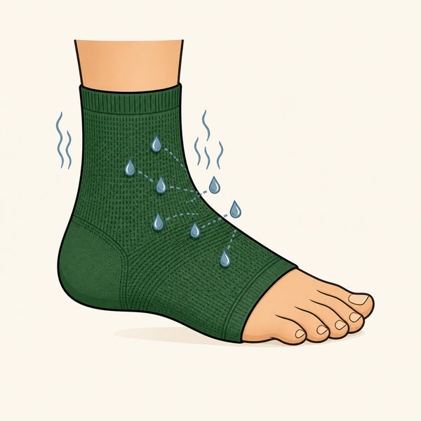 Illustration of a green foot sleeve with blue droplets tracking outward along dotted lines and wavy marks rising from the fabric.