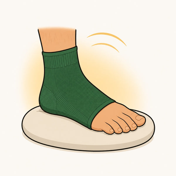 Illustration of a foot in a green sleeve resting on a pale cushion, with a soft yellow glow behind it.