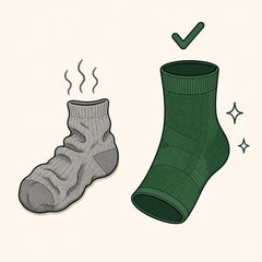 Illustration of a crumpled grey sock with wavy marks rising from it beside an upright green foot sleeve with a check mark and sparkles.