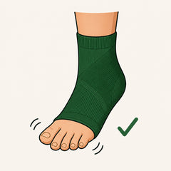 Illustration of a green toeless foot sleeve seen from the front with the bare toes past the edge, motion lines beside them and a green check mark.