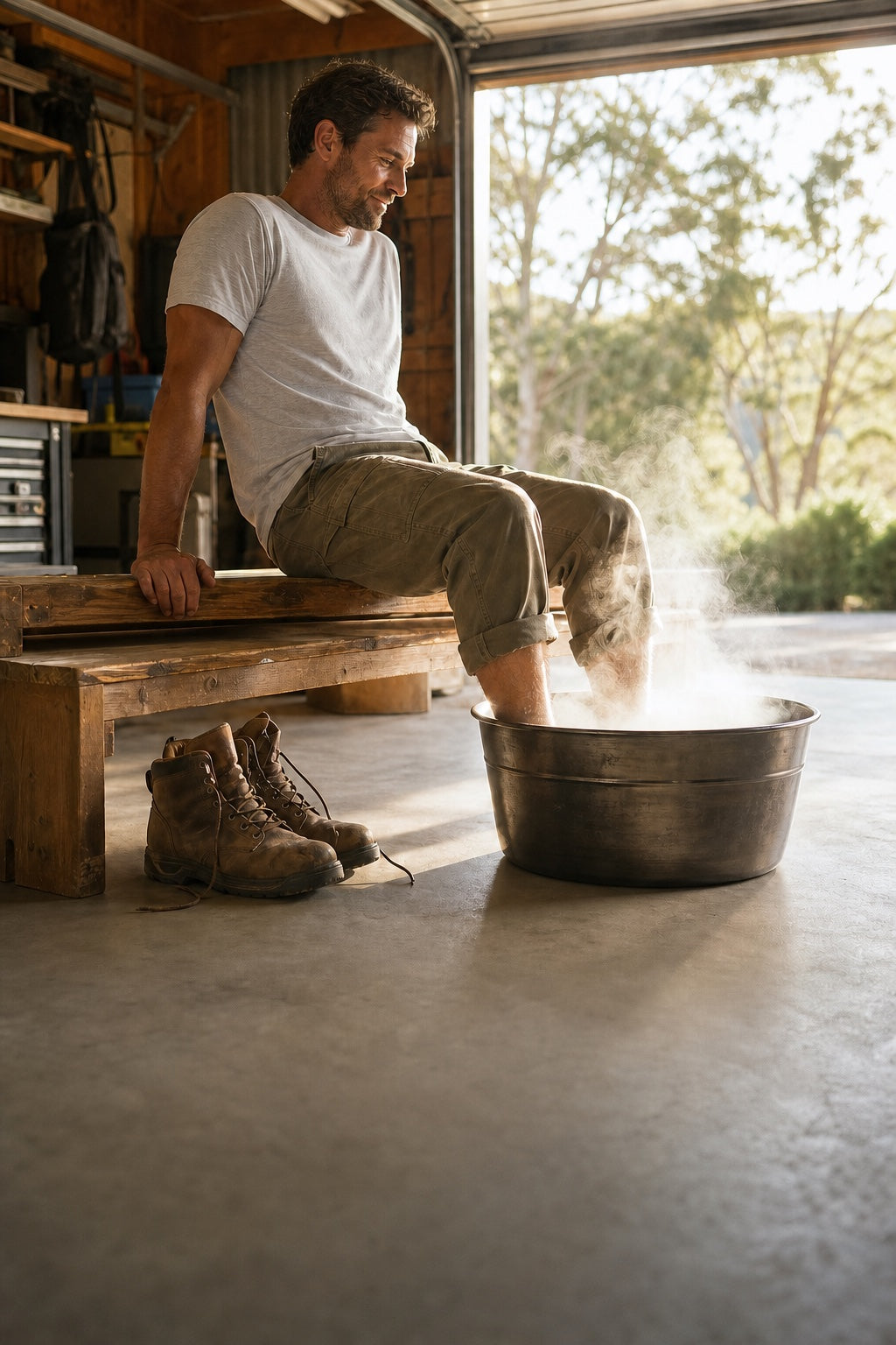 A man in a sunlit garage at the end of a shift, boots off, feet soaking in a steaming steel basin