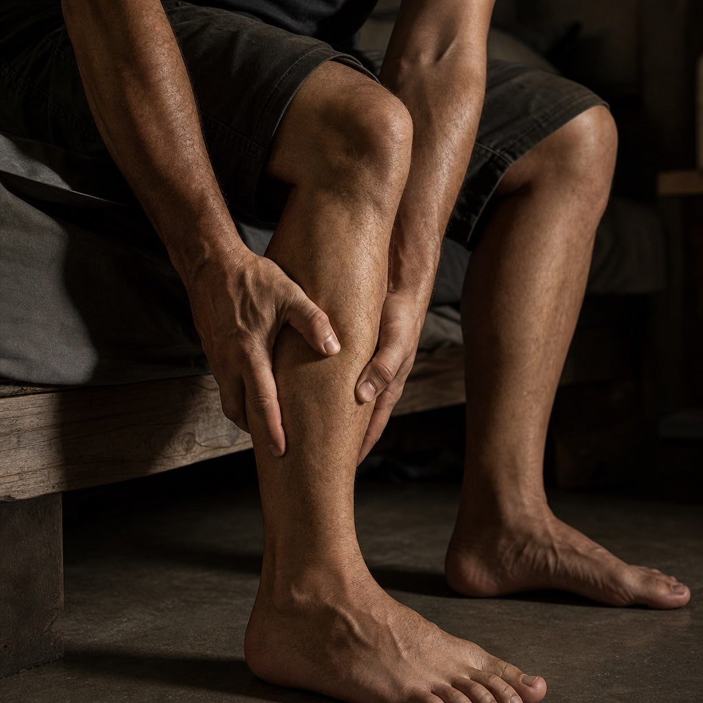 Hands gripping a sore calf