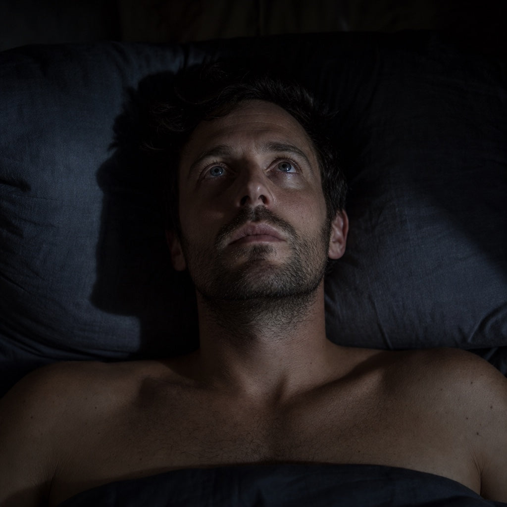 A man lying awake at night, unable to sleep