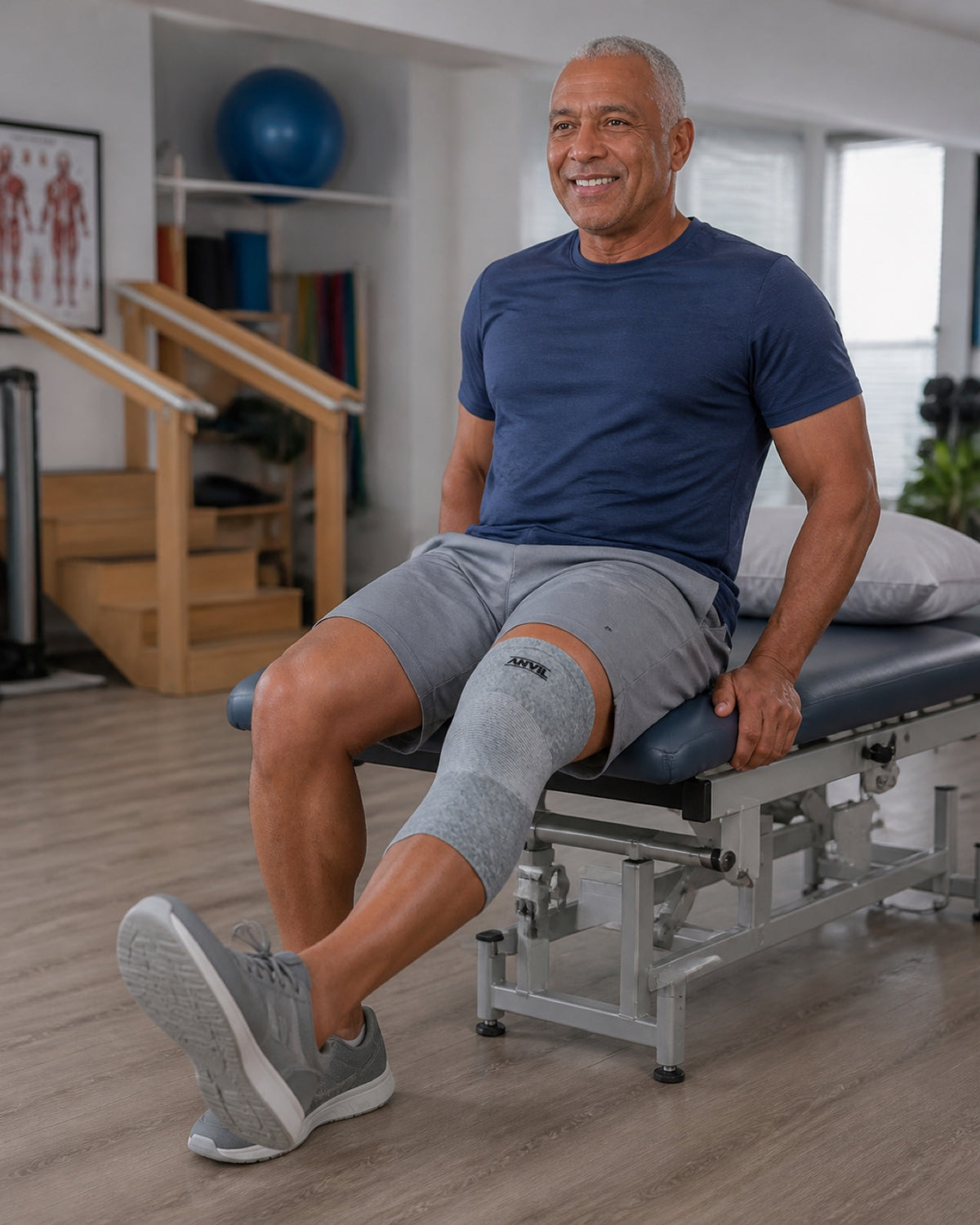 Man sitting on the edge of a padded table with a gray ANVIL knee sleeve on his right knee, in a room with exercise equipment.