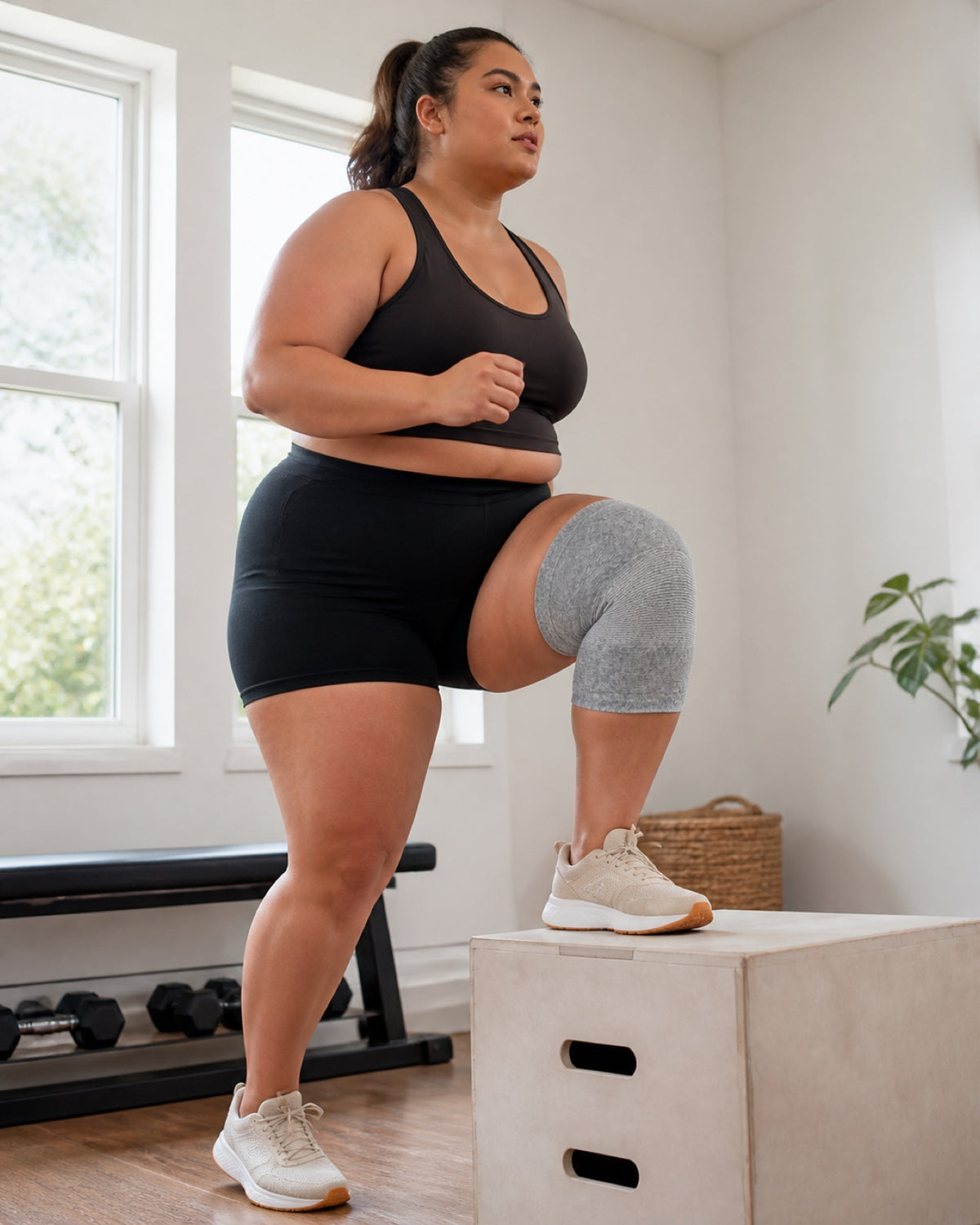 Woman stepping onto a wooden box in a home gym, with a gray knee sleeve on her raised knee.