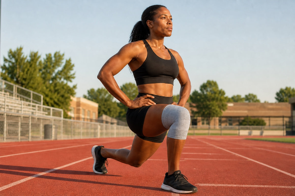Woman in a lunge on a running track at sunset, with a gray ANVIL knee sleeve on her front knee.