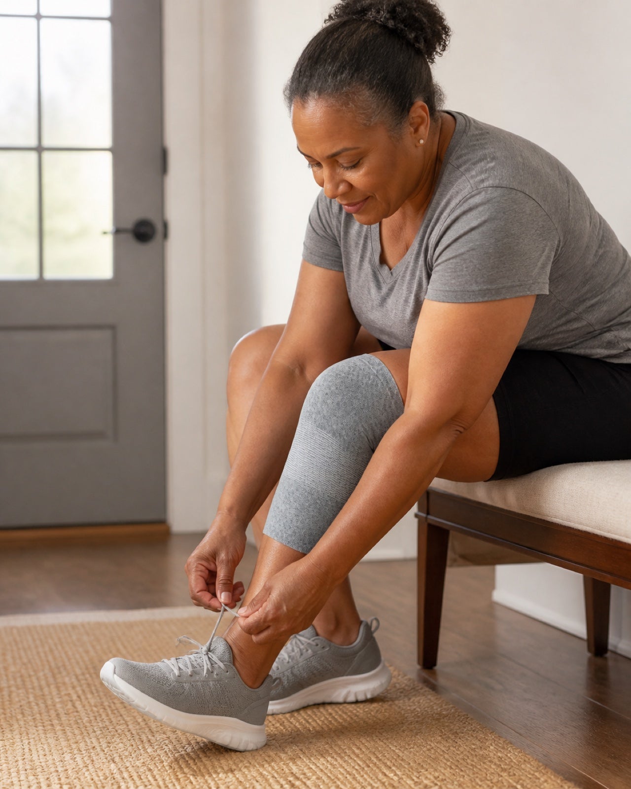 Woman sitting on a bench by a front door tying her shoe, with a gray knee sleeve on her bent knee.
