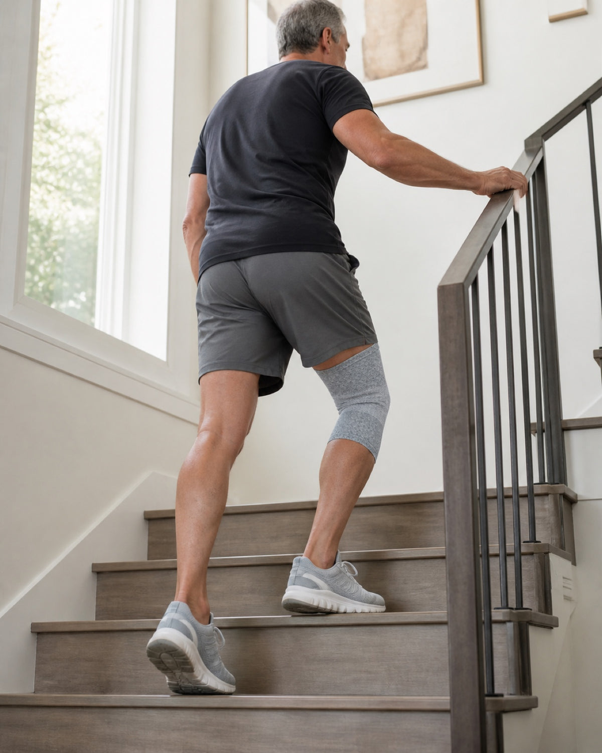 Man climbing a staircase at home with a hand on the rail, seen from behind, with a gray knee sleeve on his right knee.