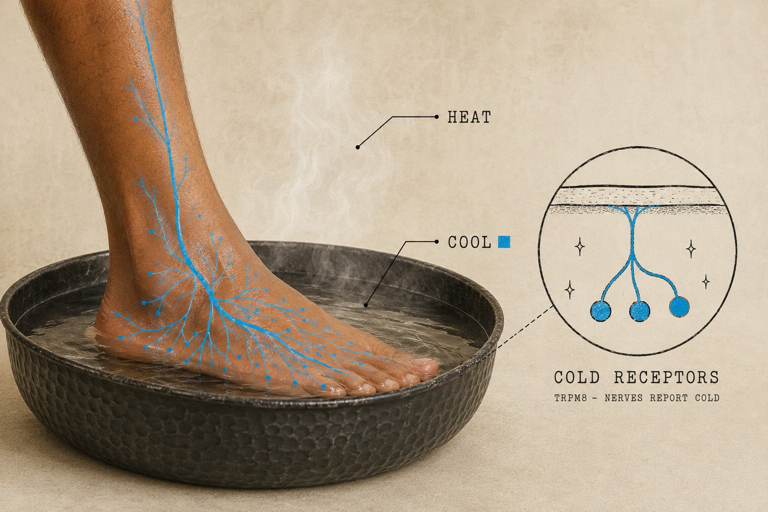 A bare foot in a steaming dark basin of warm water. A drawn nerve network on the skin shows where menthol meets the cold receptors, with HEAT and COOL marked, and a magnified circle shows the receptors at the skin surface.
