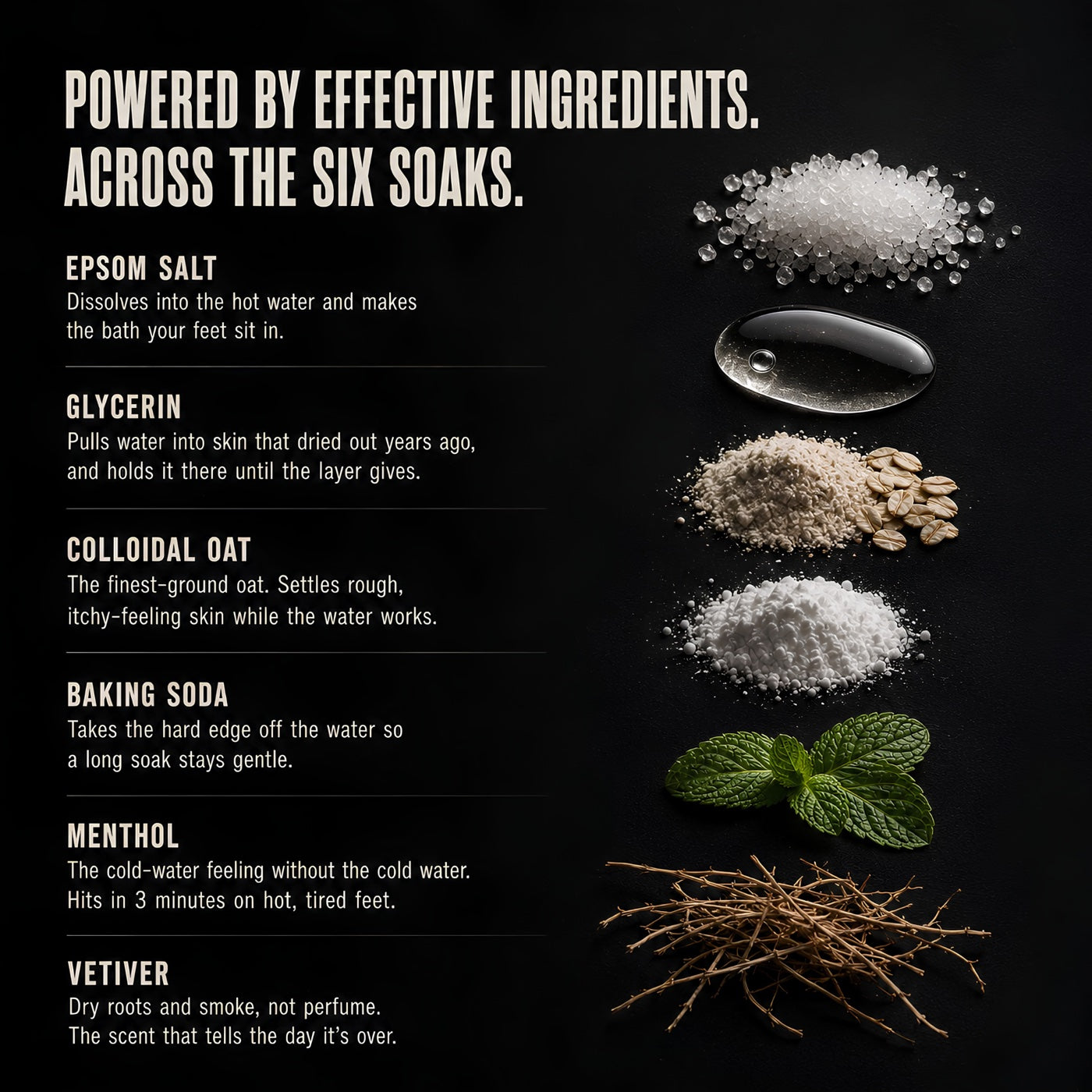 Powered by effective ingredients across the six soaks — Epsom salt, glycerin, colloidal oat, baking soda, menthol, vetiver and what each does