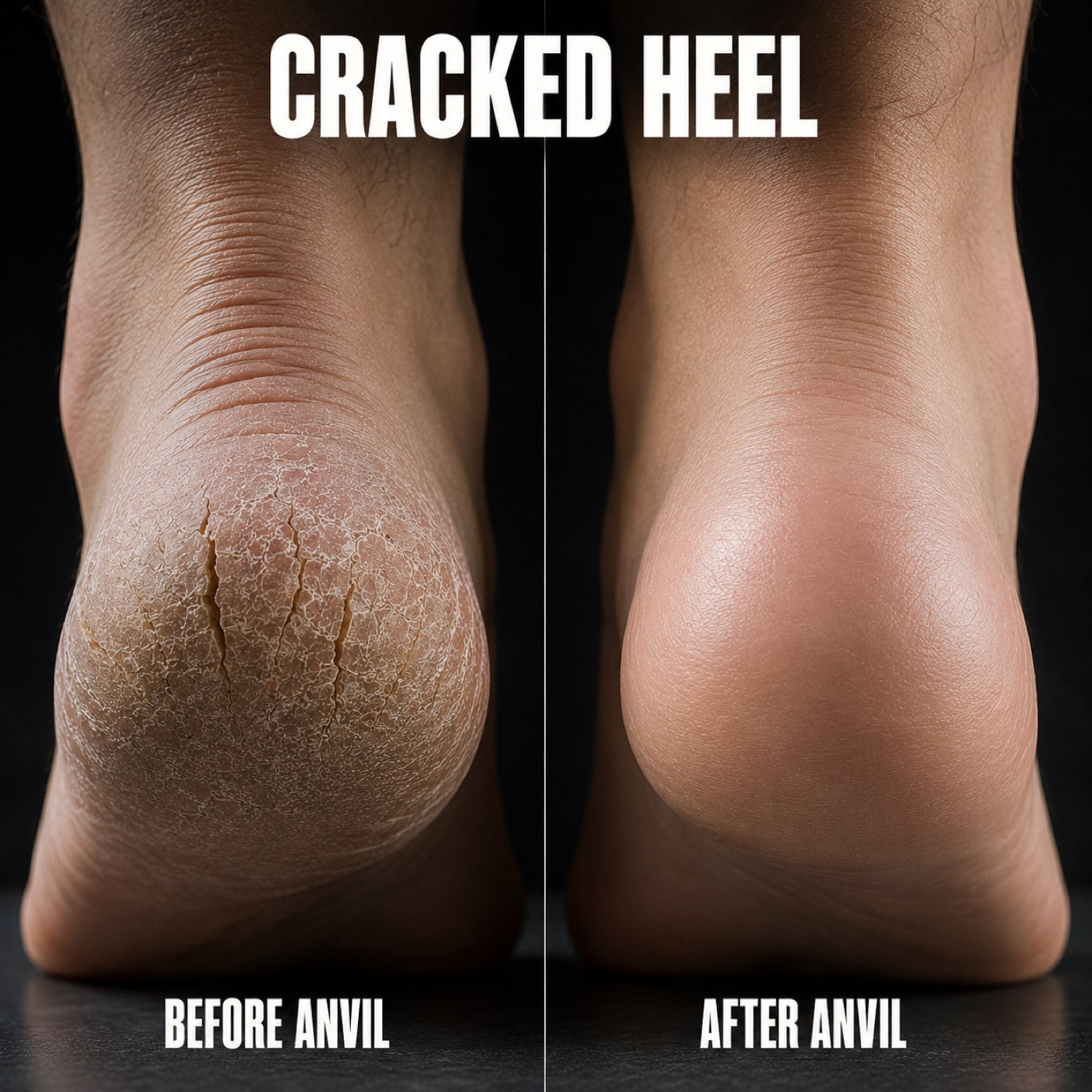 Before ANVIL and after ANVIL — cracked heel comparison (placeholder imagery pending real customer photos)