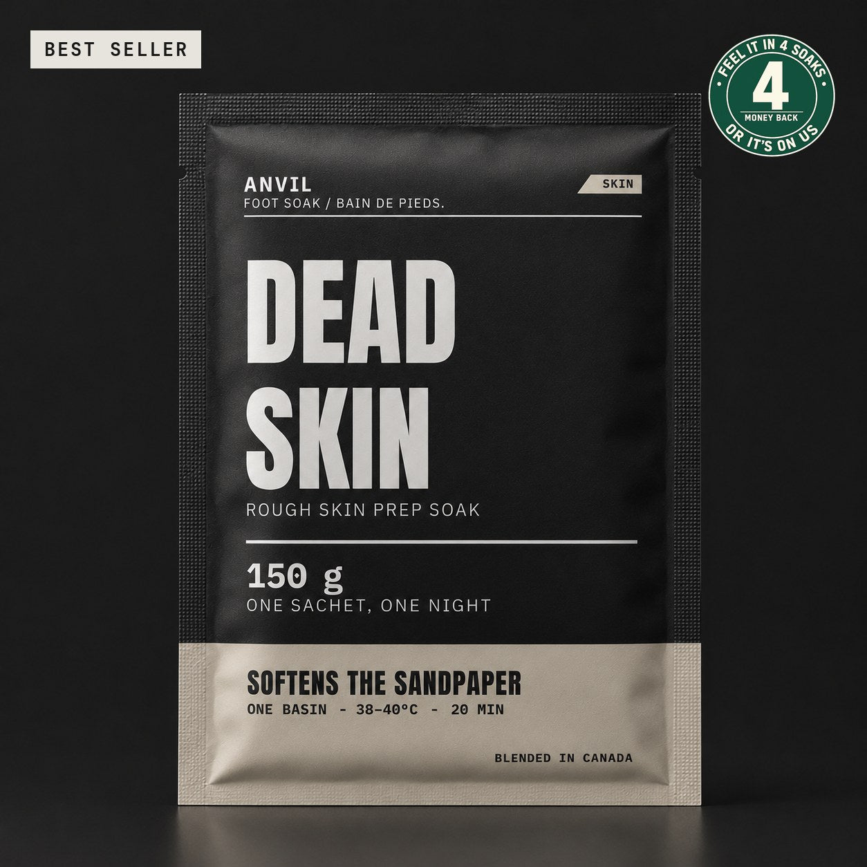 Matte black DEAD SKIN sachet, studio shot, with the FEEL IT IN 4 SOAKS money-back seal