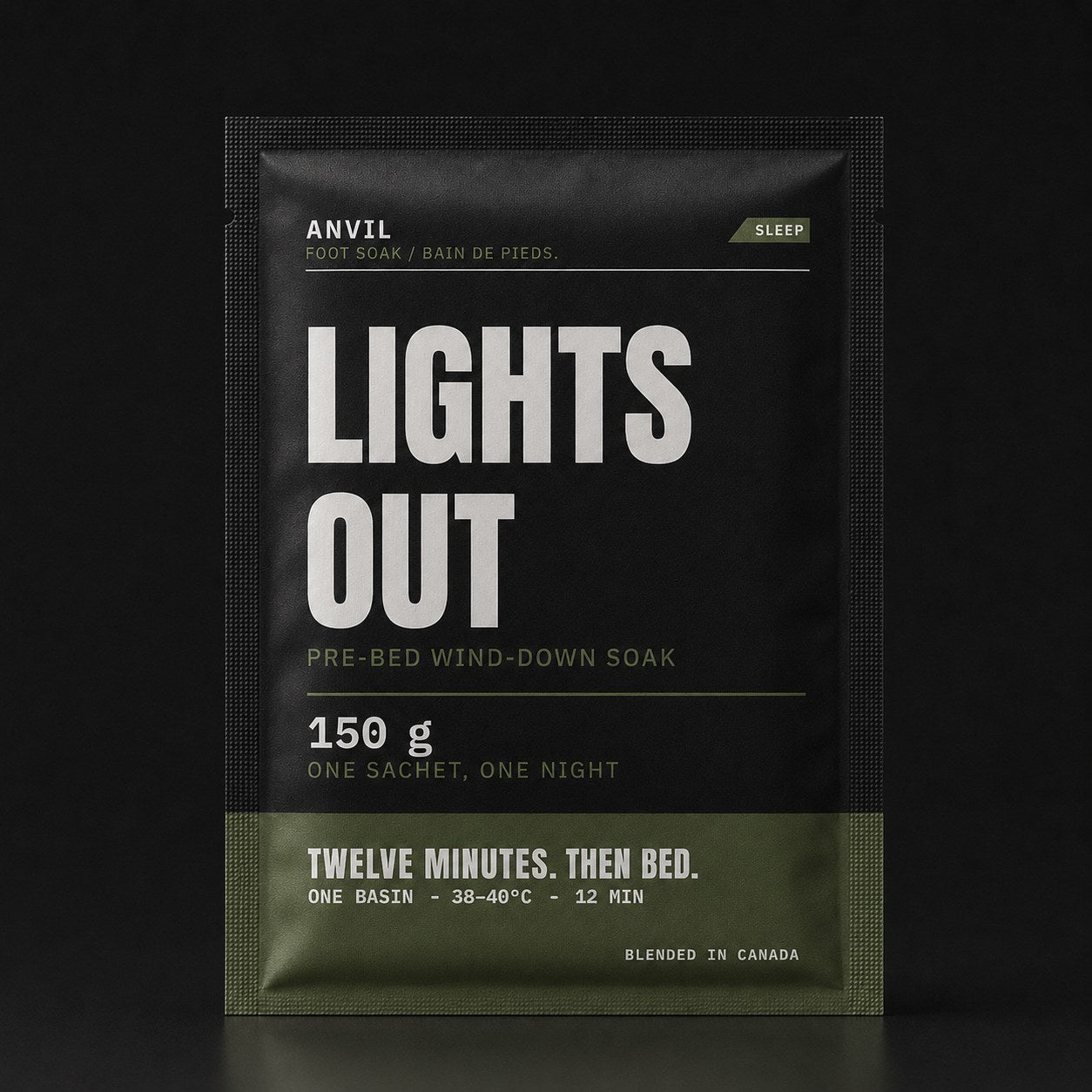 Matte black LIGHTS OUT sachet with olive sleep band, studio shot