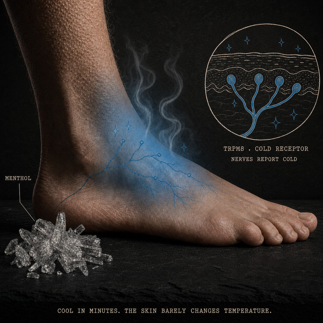 Menthol crystals and a chilled foot, with a drawn TRPM8 cold-receptor inset