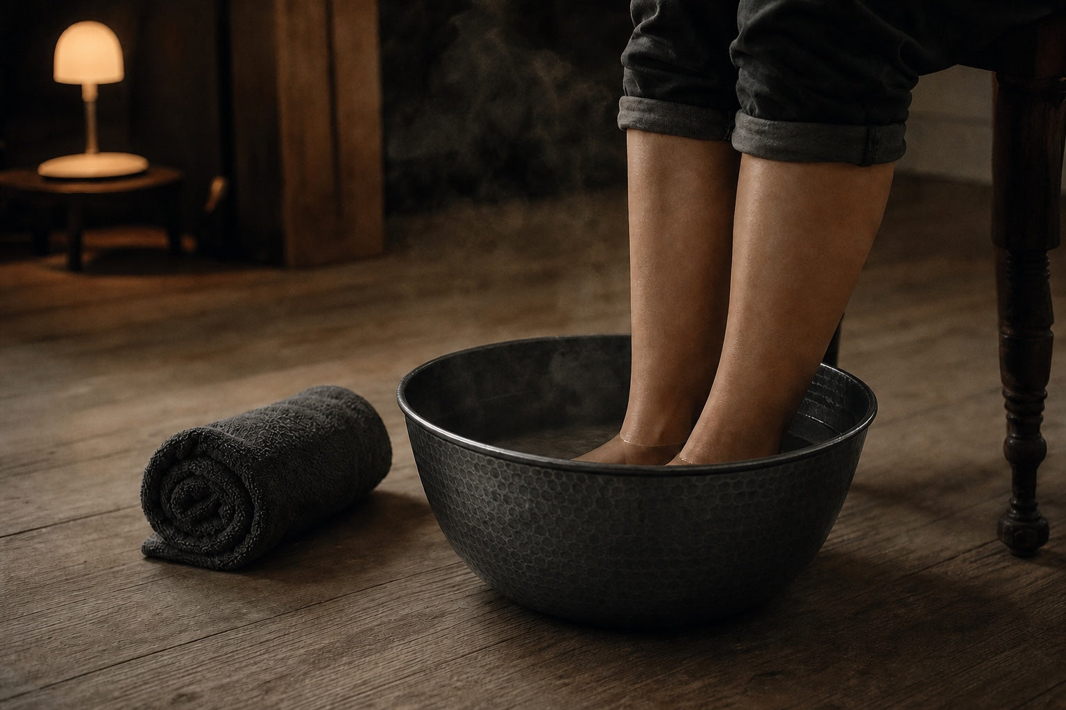 A warm foot soak in a basin of water