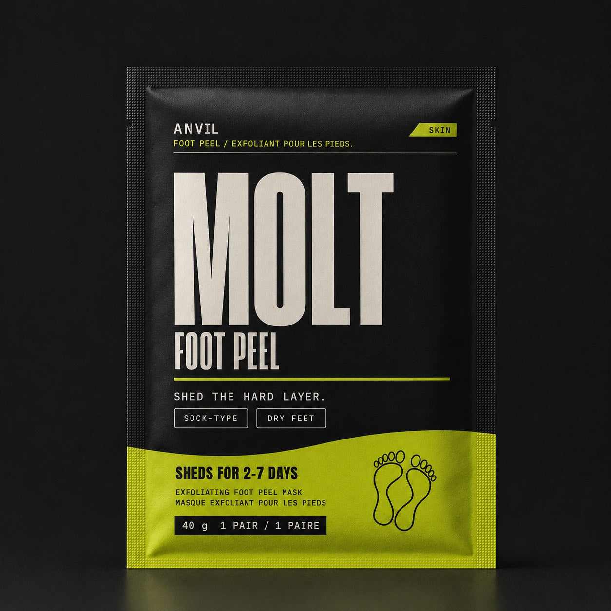 Sealed foil ANVIL MOLT foot-peel bootie packet on matte black