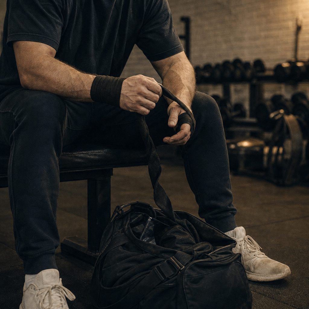 Lifter on a bench unwrapping hand wraps
