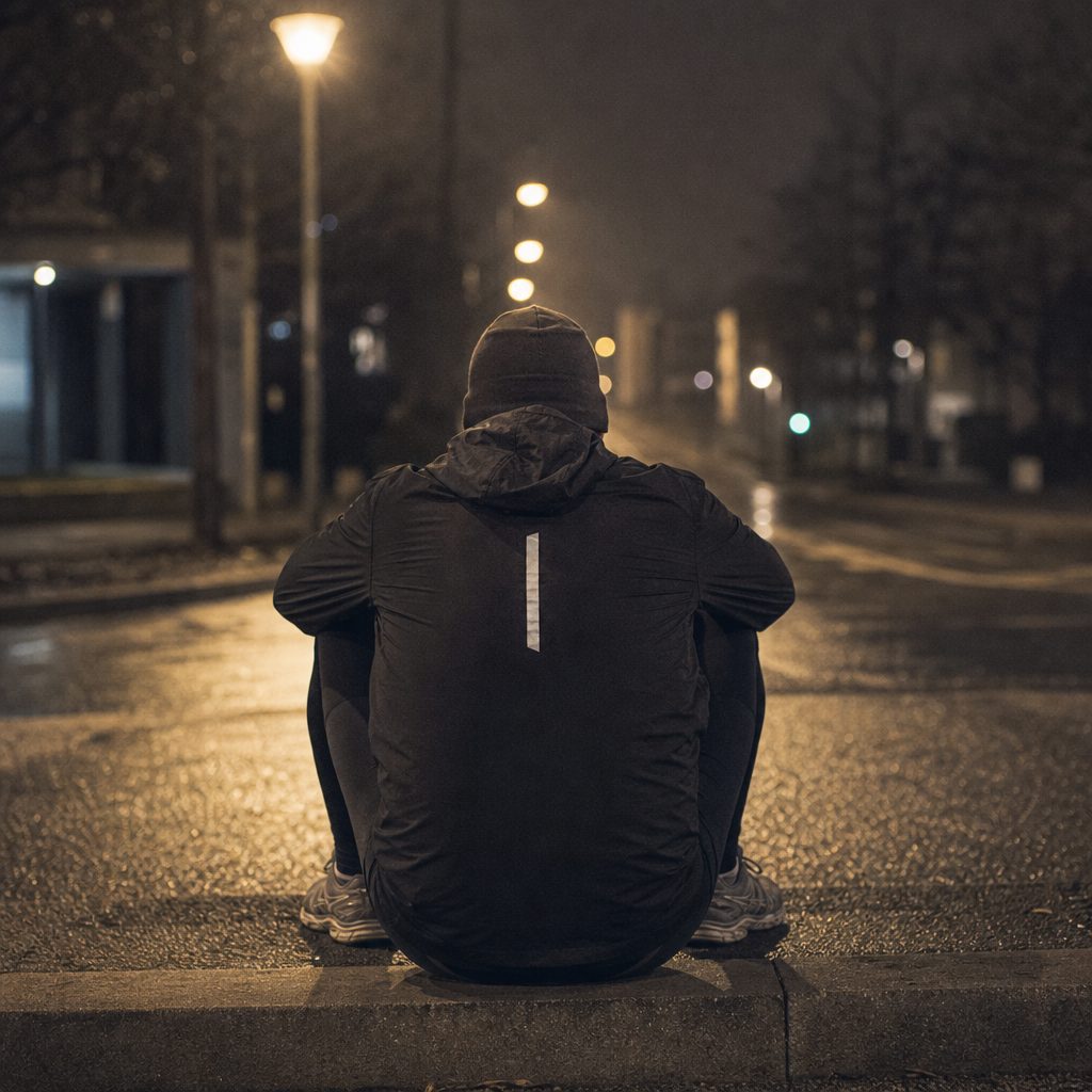 Runner sitting on a curb at night after a run