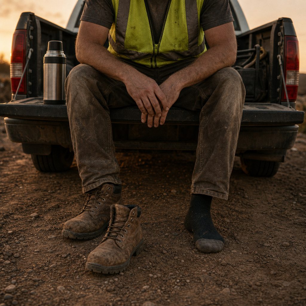 Worker on a tailgate at sunset, one boot off