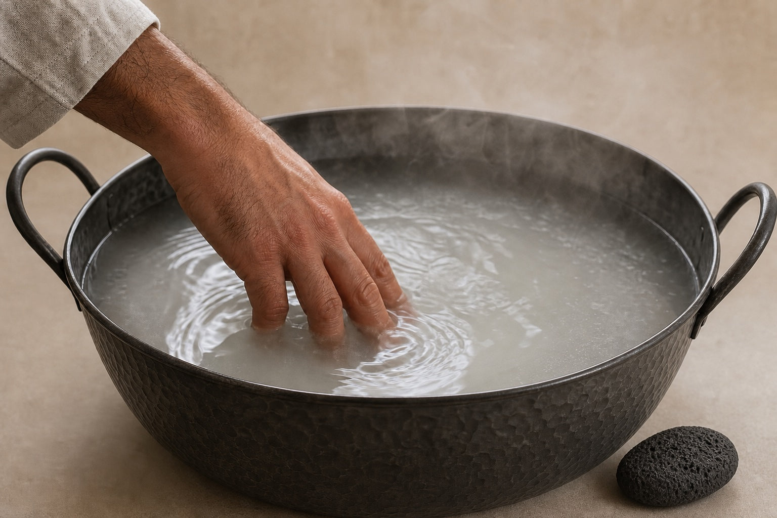 Stirring the dissolved soak in a dark gunmetal basin, a volcanic stone resting on the rim