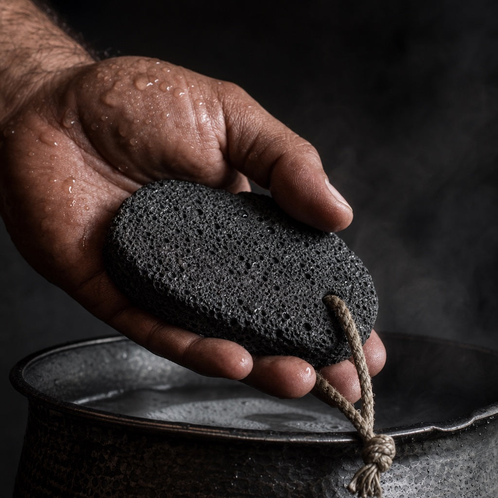 The jhama, a volcanic foot stone, held in wet hands above a dark basin