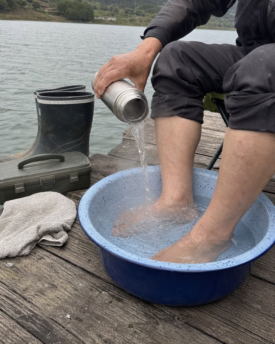 Feet soaking in a basin &mdash; fishing dock