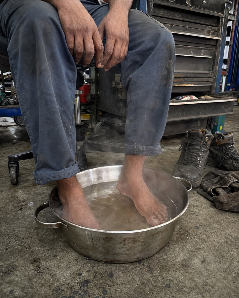Feet soaking in a basin &mdash; mechanic&rsquo;s bay