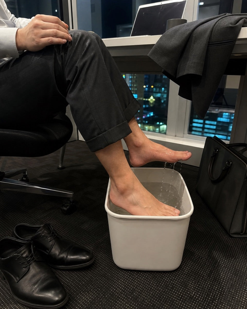 Feet soaking in a basin &mdash; office after hours