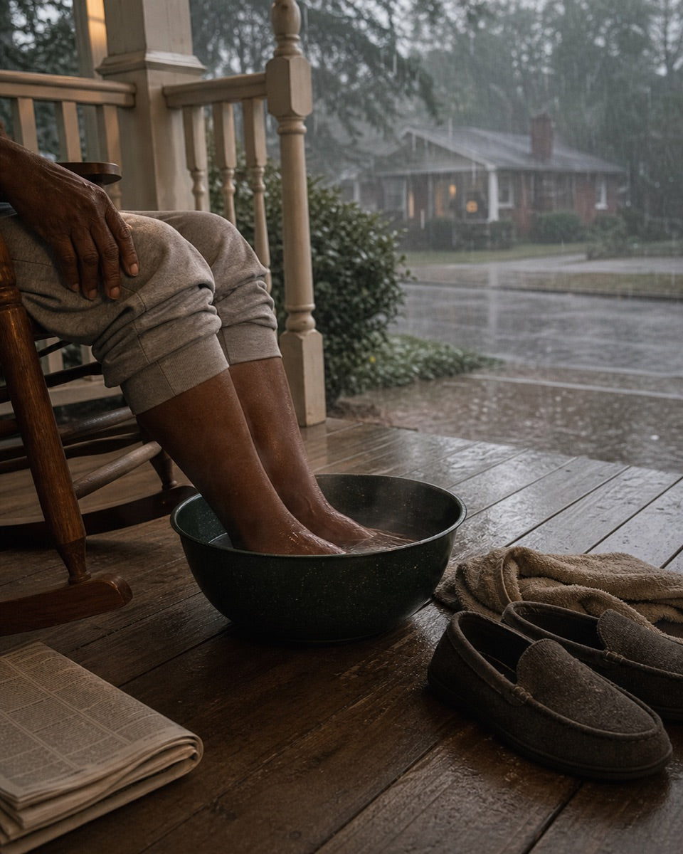 Feet soaking in a basin &mdash; covered porch in the rain