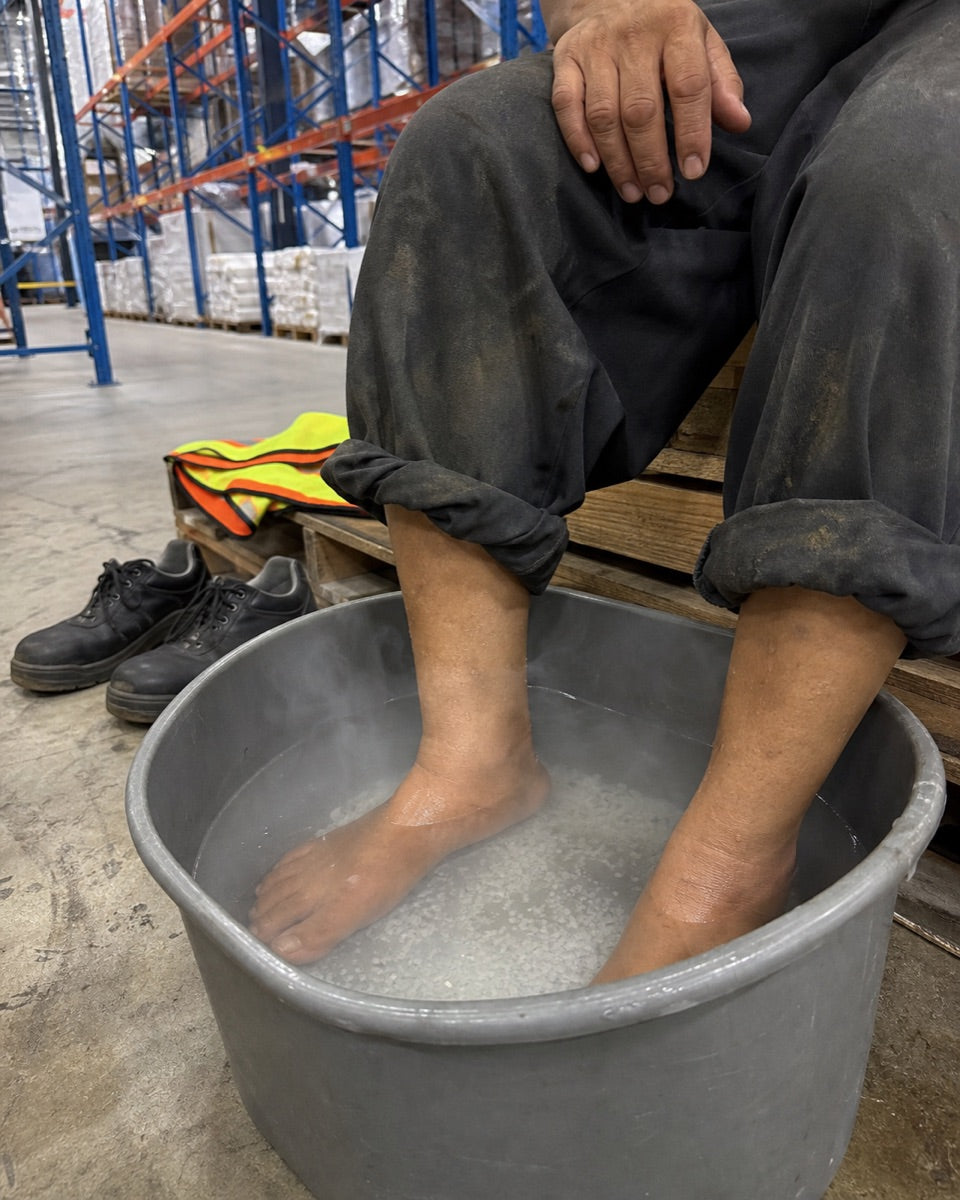 Feet soaking in a basin &mdash; warehouse floor after a shift