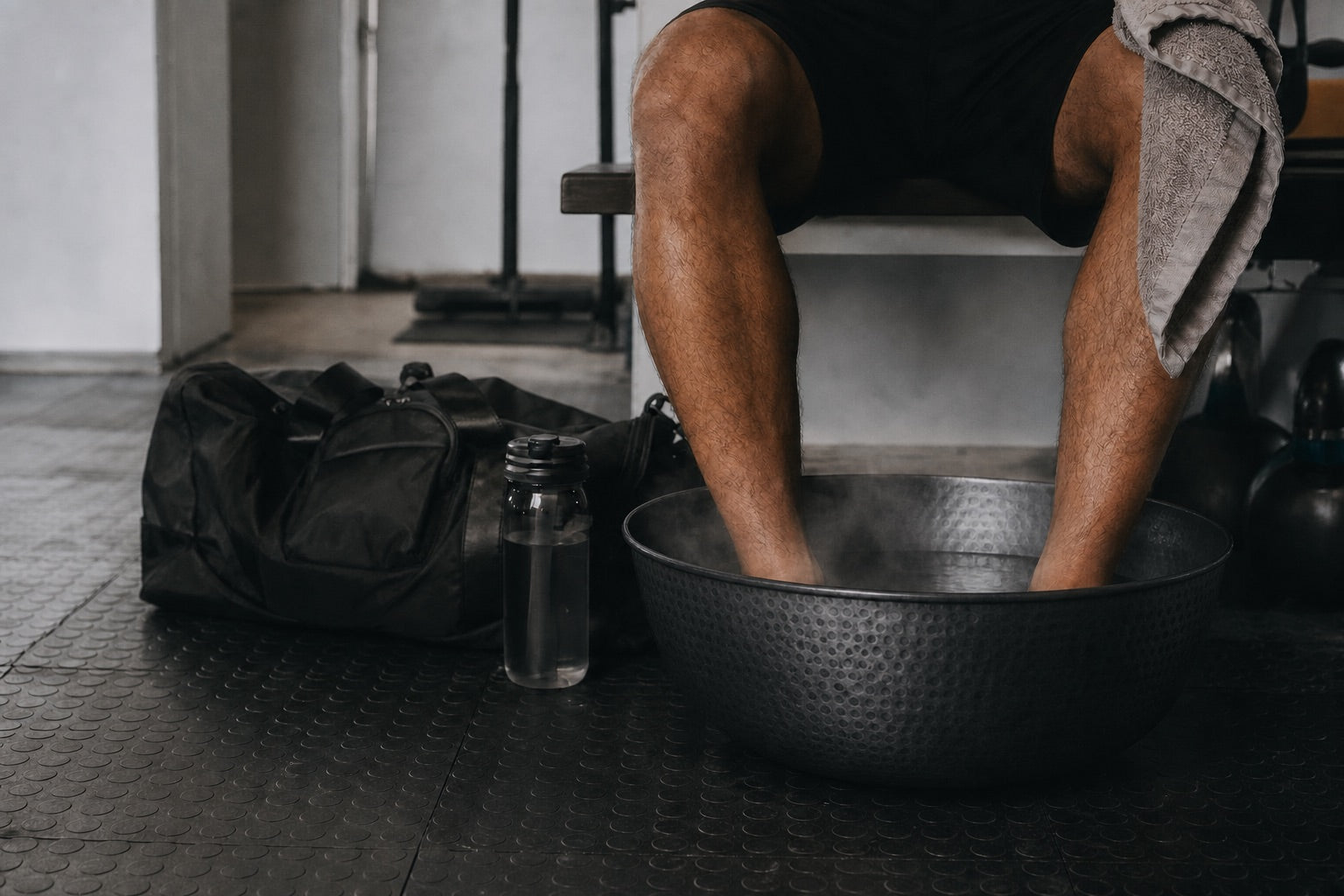 Feet soaking in a dark gunmetal basin on a gym floor after training