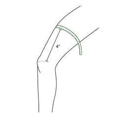 Measuring tape around the thigh, 4 inches above the kneecap